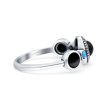 Three Stone Petite Dainty Vintage Style Round Simulated Black Onyx Ring Solid Oxidized 925 Sterling Silver